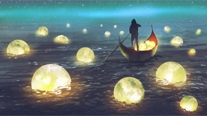 Journey to enlightenment concept. A nighttime scene of a person rowing a canoe alongside a lot of glowing moons floating on the water.