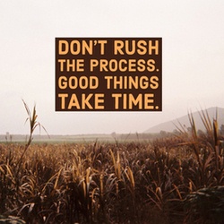 Uplifting Inspirational Quotes Concept. Mountain View background with the quote “Don’t rush the process, good things take time.”