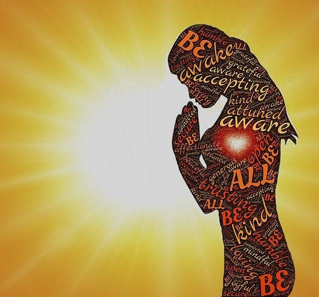 Illustration of a woman praying in front of the sun on a yellow background word cloud. Soul awareness concept.