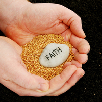 Cupped hands holding mustard seeds and an engraved faith stone held over black soil. Mustard seed faith, concept.