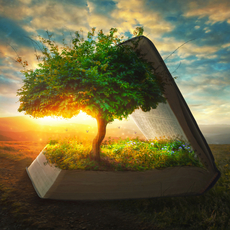 A bible with a tree and garden growing out of the pages. Read the bible and gain knowledge, concept.