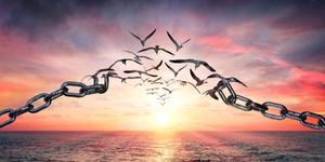 Birds flying away from broken chains over a purple sunset and water background. Stay focused, concept.