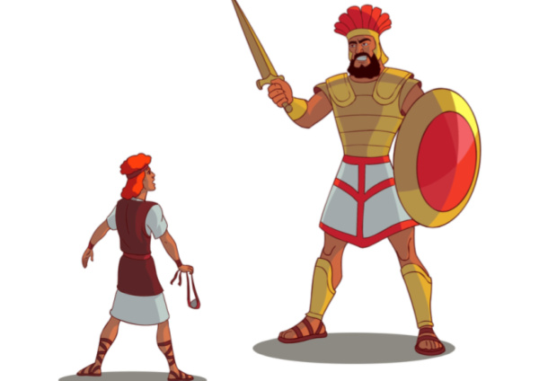 An illustration of Goliath standing with his shield and sword over David while David holds his slingshot, concept for Biblical Bedtime Story.