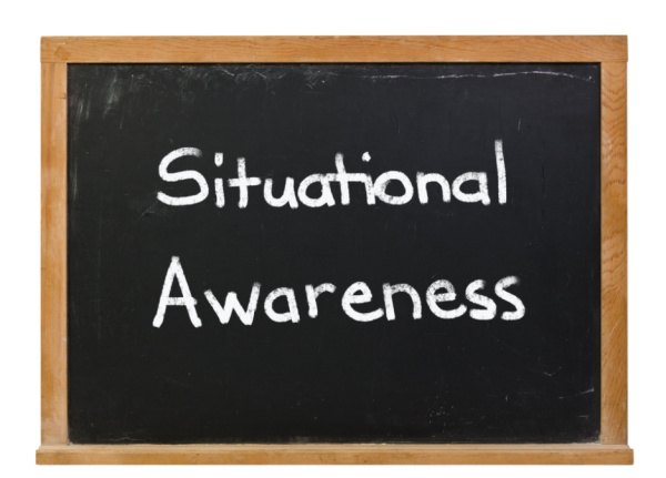 "Situational Awareness" written in white chalk on a black chalkboard. Concept, Bible verses for different situations.