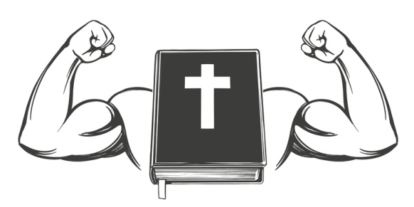 A Bible held in a muscular arm is illustrated in a cartoon-style sketch, symbolizing Christianity as an icon. This vector drawing is hand-drawn. Concept, Exercise Your Faith.