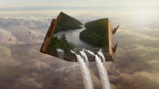 A book floating in the sky on a day when the mountain range is covered with clouds. The book contains trees, a river that flows through it, and a waterfall that emerges from it. The picture illustrates a fantasy, fairy tale, or surreal fantasy.