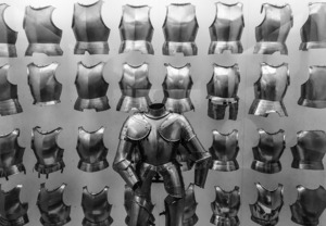 This scene shows the museum displaying animated black and white breastplates of righteousness armor—concept, Ephesians 6:10-11 meaning.