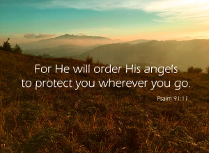 Psalm 91:11 quote, "For He will order His angels to protect you wherever you go," on a nature background, depicting God's angels safeguarding your journey— the concept of Promises in Psalm 91.