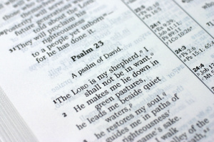 The Bible is open, with the chapter Psalm 23 visible in black letters - concept, main points of Psalm 23.