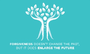 An inspirational quote: Forgiveness doesn't change the past, but it does enlarge the future. This concept is illustrated by a balanced body and abstract tree, which represents Jesus and Forgiveness.