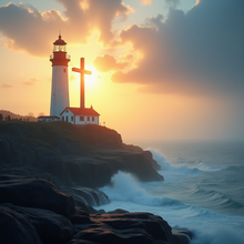 A translucent cross illuminates the sunrise lighthouse, symbolizing divine guidance through life's challenges.