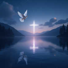 The starry cross reflects on the twilight lake while a dove illuminates divine spiritual mystery.