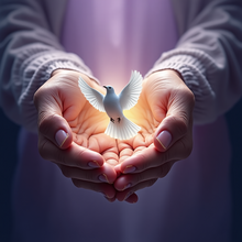 Weathered and smooth hands cradle a white dove, symbolizing intergenerational spiritual wisdom. Soft biblical text emerges through purple-blue gradients.