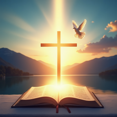 A radiant cross shines amid an open Bible, while a dove soars above serene hills and a reflective lake at sunrise. The concept represents Christian Enlightenment.