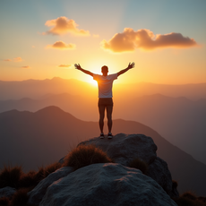 A person stretches their arms skyward atop a mountain rock. Sunrise illuminates clouds and the horizon. The concept represents knowing who I am in Christ.