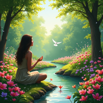 A woman meditates by a flowery pond framed by trees under a clear sky. The concept represents knowing who I am in Christ. The concept represents knowing who I am in Christ.