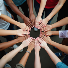 Diverse people join hands in a circle, symbolizing unity through their shared Christian identity. The concept represents knowing who I am in Christ.