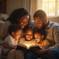 A family sharing Bible verses for children's protection in warm, golden light, parents and three young children gathered intimately on the couch, reading Scripture together, creating a nurturing spiritual environment that demonstrates how Bible verses for children build family bonds and divine protection.