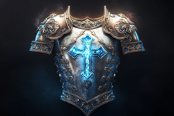 The Breastplate of Righteousness from Ephesians 6:14, shown as a silver-blue chest armor with cross emblem, protecting the heart with God's righteousness.