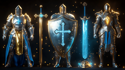 The complete Armor of God from Ephesians 6:10-20, showing all six pieces: the Belt of Truth, Breastplate of Righteousness, Shoes of Peace, Shield of Faith, Helmet of Salvation, and Sword of the Spirit.