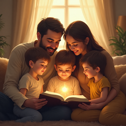 A family reads Bible verses for children's protection together, with miraculous divine light illuminating Scripture, as parents and three young boys gather in warm, golden sunlight, demonstrating how Bible verses for children create spiritual protection and family unity in faith.