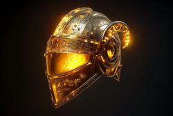 The Helmet of Salvation from Ephesians 6:17, shown as a golden protective headpiece, guarding the mind with the assurance of salvation.