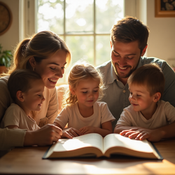 A family gathered around a wooden table, reading Bible verses for children's protection together. Parents guided children through Scripture in the warm morning light, creating a peaceful atmosphere of spiritual learning and divine protection through God's Word.