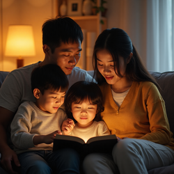 A family reads Bible verses for children's protection together in the warm evening light, with parents and two children gathered closely on the couch, sharing spiritual teachings from Scripture and creating a protective atmosphere of faith and connection.
