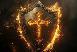 The Shield of Faith from Ephesians 6:16, depicted as a large ornate shield with cross emblem, extinguishing flaming arrows of doubt and fear.
