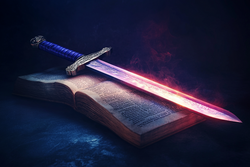 The Sword of the Spirit from Ephesians 6:17, illustrated as a radiant sword representing God's Word, the Bible, as our offensive weapon against spiritual attacks.