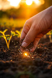 A hand planting seeds in soil at sunrise, symbolizing encouragement and growth through positive words.